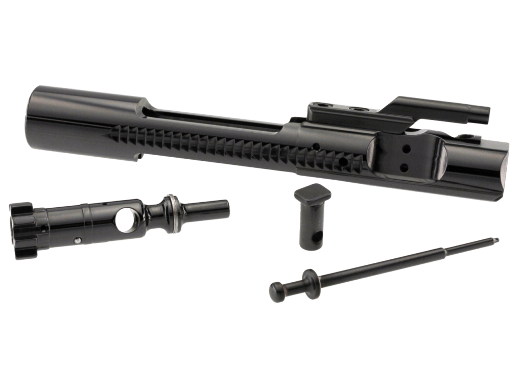 A disassembled black metal bolt carrier group, featuring a bolt, cam pin, retaining pin and firing pin.