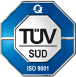 An octagonal badge with a blue border displays "TÜV SÜD" in bold letters, with "ISO 9001" beneath.