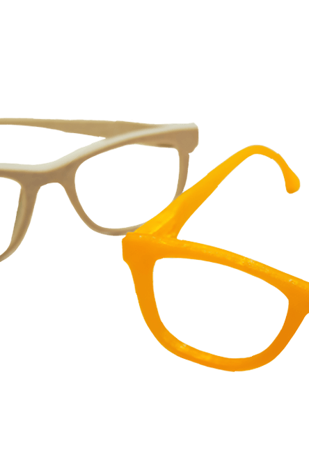 Two pairs of glasses float against a white background; one pair is beige, and the other is bright orange.