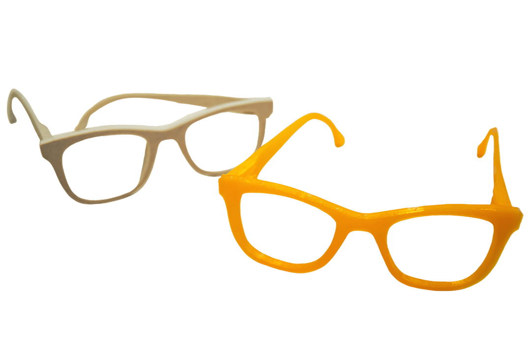 Two pairs of eyeglass frames, one in white and one in yellow, float against a plain background.